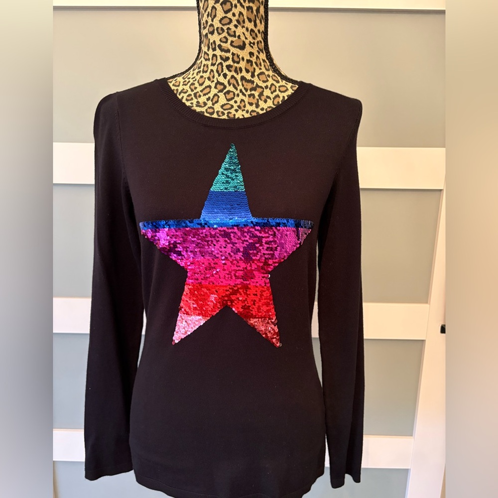 INC International Concepts Black Sweater with Multicolor Sequin Star